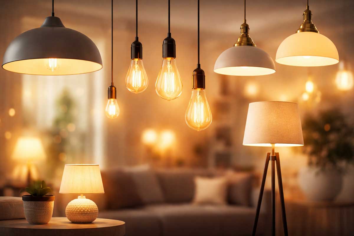 Teplé ambientní osvětlení interiéru s několika závěsnými svítidly, dekorativními žárovkami a stojací lampou v útulném obývacím prostoru s rozostřeným pozadím.