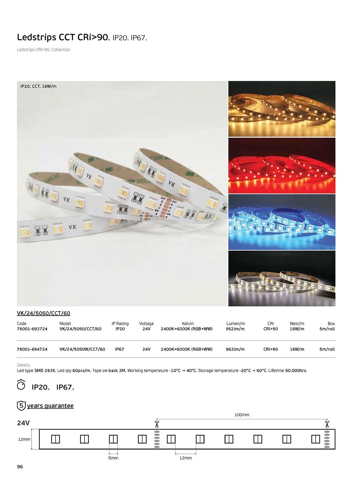 Taśma LED RGB+CCT 24 V 18 W/m CRI90 IP20 2400 K–6000 K (5 m)