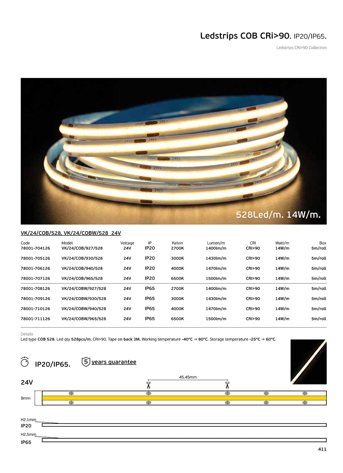 Taśma LED COB 24 V, CRI 90, IP20, 3000 K/4000 K, z funkcją ściemniania (5 m)