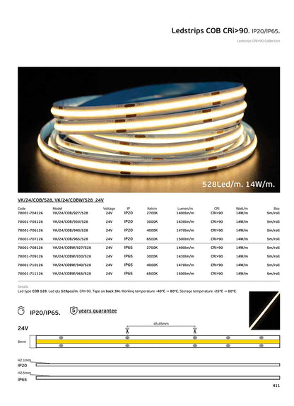 Taśma LED COB 24 V, CRI 90, IP20, 3000 K/4000 K, z funkcją ściemniania (5 m)