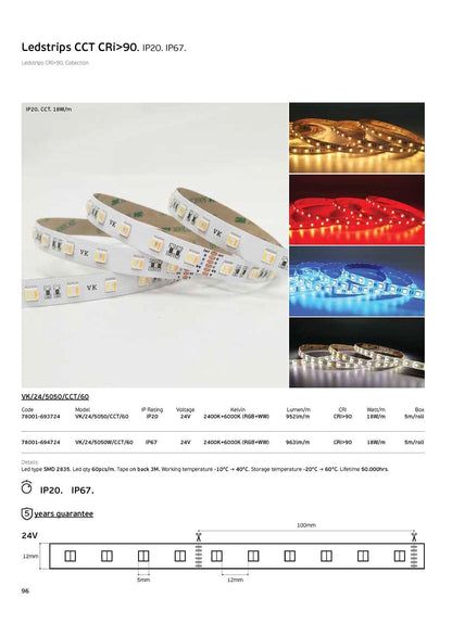 Taśma LED RGB+CCT 24 V 18 W/m CRI90 IP20 2400 K–6000 K (5 m)